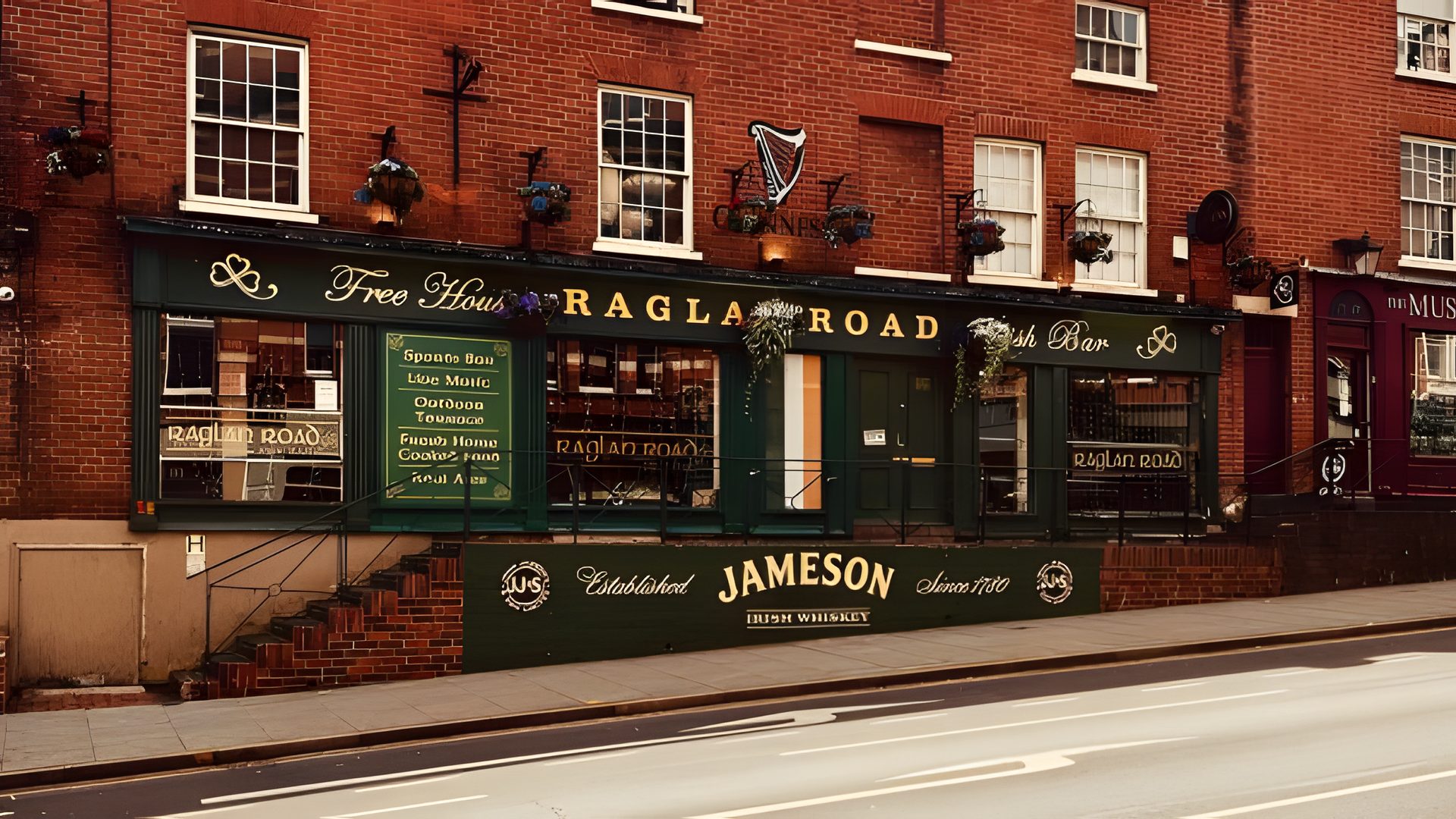 The green Raglan Road shopfront on Derby Road by day, with the Jameson sign below